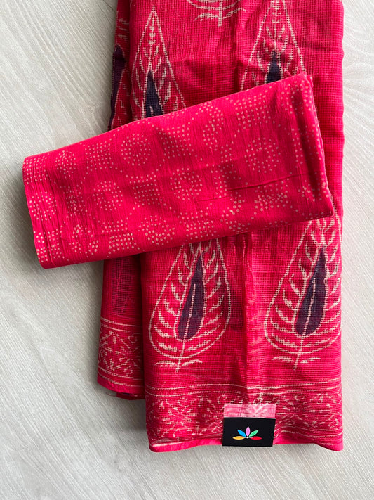 Cherry Red Handblock Printed Kota Doria Saree - 33698-33699