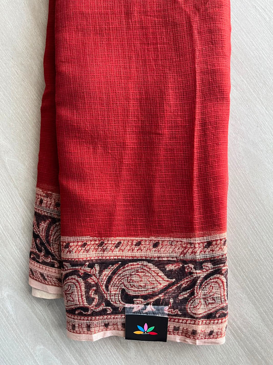 Crimson Red Handblock Printed Kota Doria Saree - 33700-33701