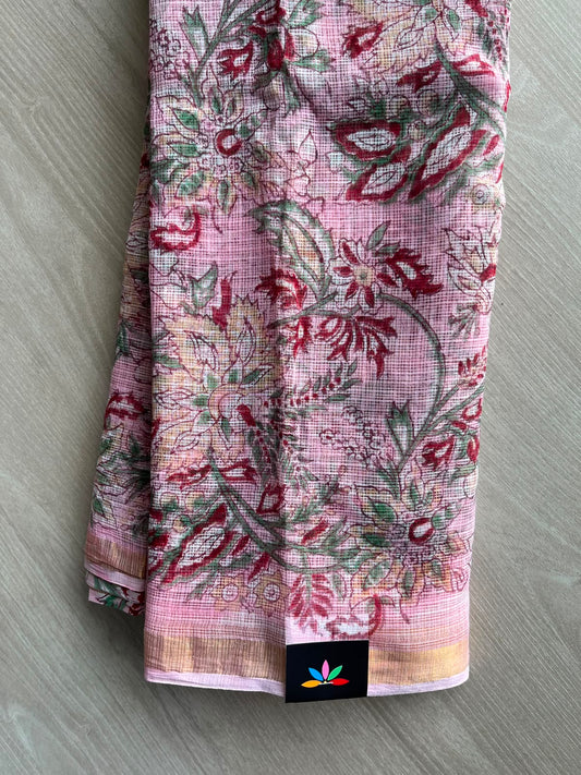 Pastel Pink Handblock Printed Kota Doria Saree - 33704-33705