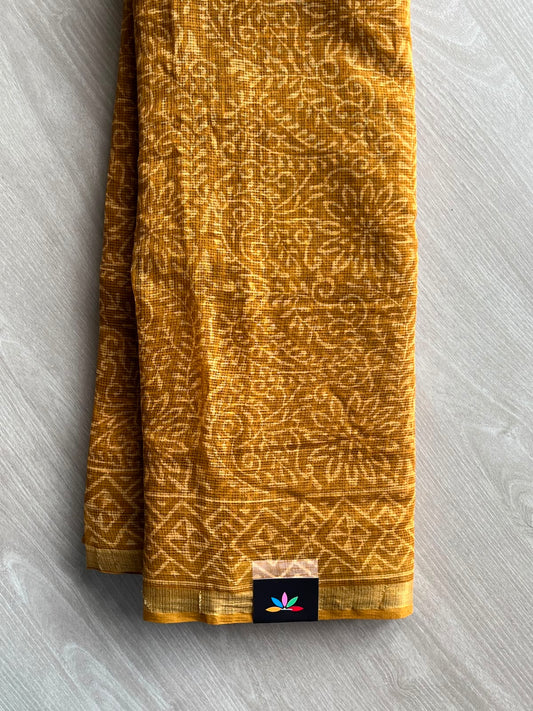 Yellow Gold Shade Handblock Printed Kota Doria Saree - 33706-33707