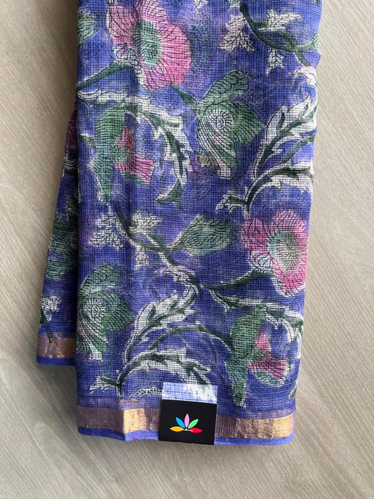 Dark Slate Blue Handblock Printed Kota Doria Saree - 33708-33709