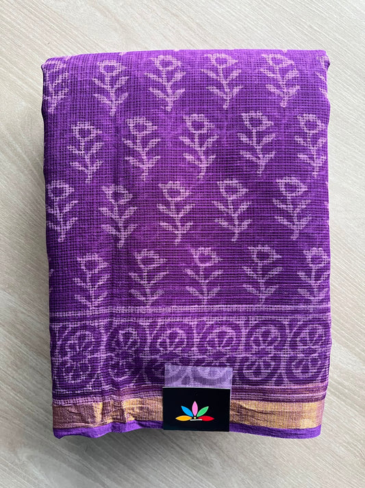 Vivid Purple Handblock Printed Kota Doria Saree - 33710-33711