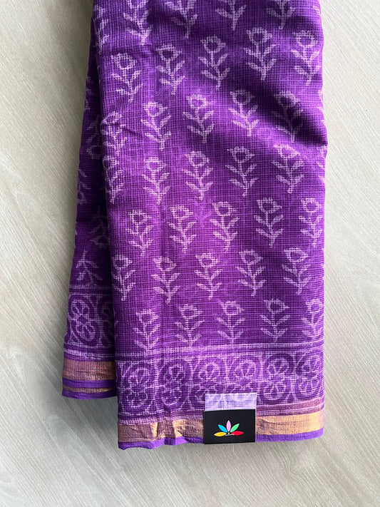 Vivid Purple Handblock Printed Kota Doria Saree - 33710-33711