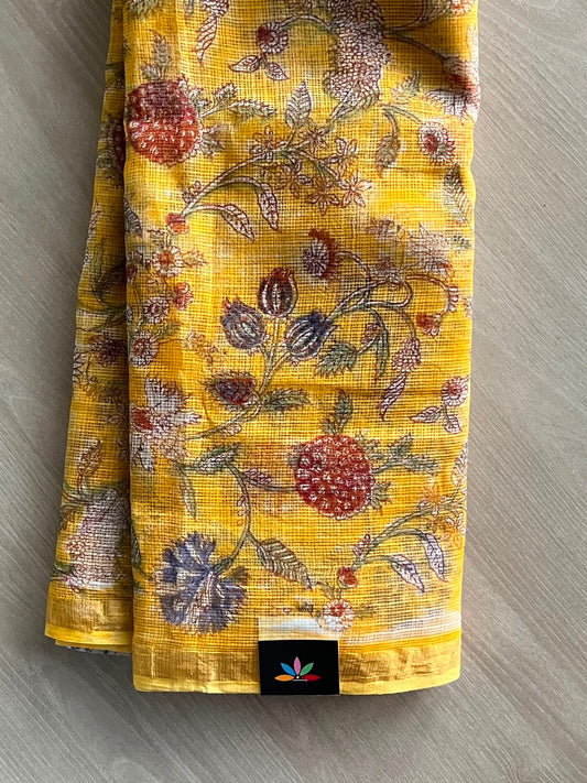 Mustard Yellow Handblock Printed Kota Doria Saree - 33712-33713