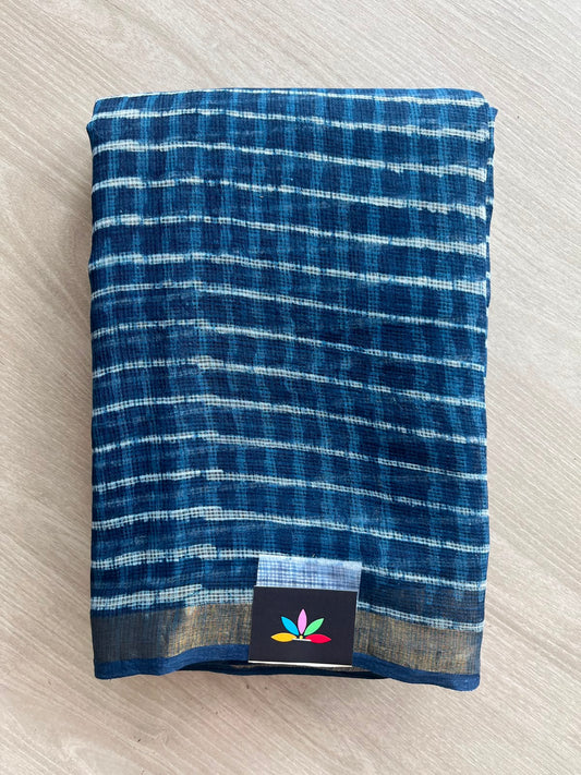 Yale Blue Hand block Printed Kota Doria Saree - 35168-35169