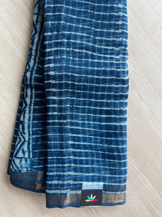 Yale Blue Hand block Printed Kota Doria Saree - 35168-35169