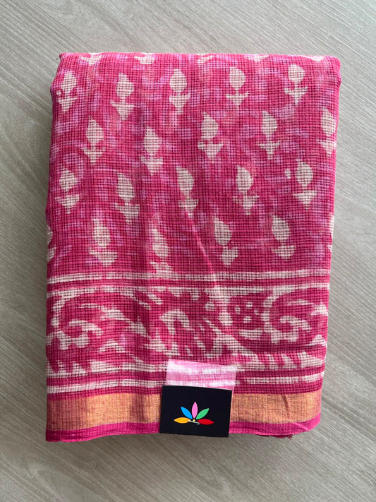 Pink Shade Hand block Printed Kota Doria Saree - 35176