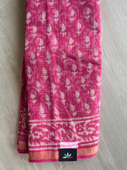 Pink Shade Hand block Printed Kota Doria Saree - 35176