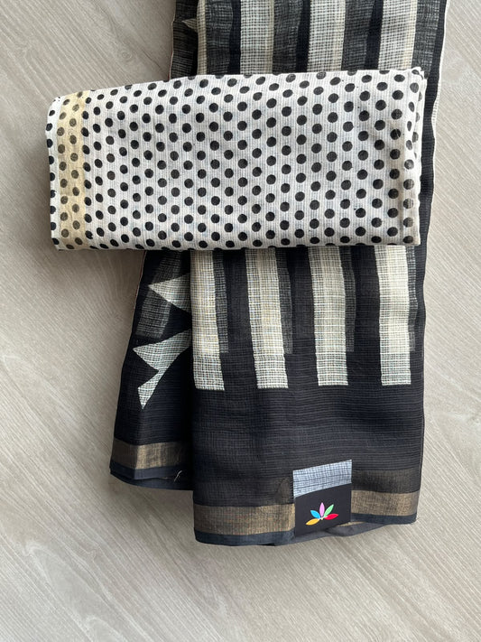 Hand block Printed Kota Doria Saree - 35927-35928