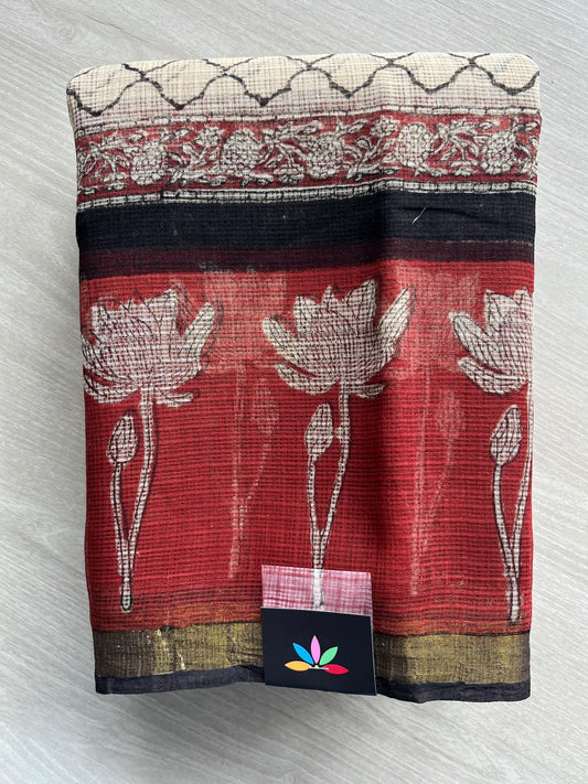 Hand block Printed Kota Doria Saree - 35935-35936