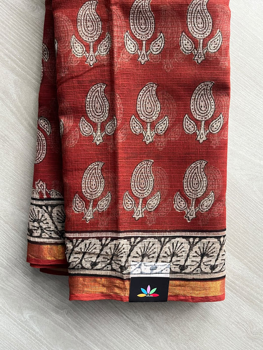 Hand block Printed Kota Doria Saree - 35941-35942