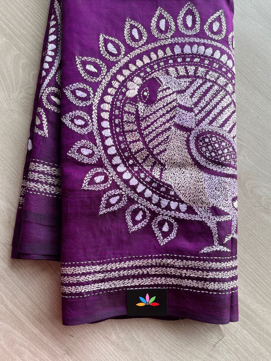 Kantha Hand Embroidered Pure Bangalore Silk Saree -13387