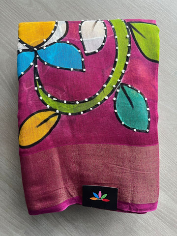 Magenta Pink & White Kalamkari Handcrafted Kantha Bapta Tussar Saree -15345