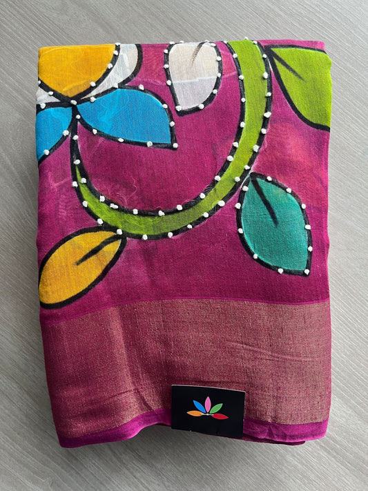 Magenta Pink & White Kalamkari Handcrafted Kantha Bapta Tussar Saree -15345