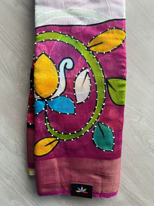 Magenta Pink & White Kalamkari Handcrafted Kantha Bapta Tussar Saree -15345