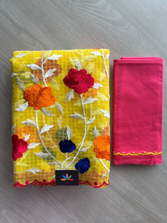Bright Yellow Scallop Border Parsi Embroidery Resham Kota Saree - 21241