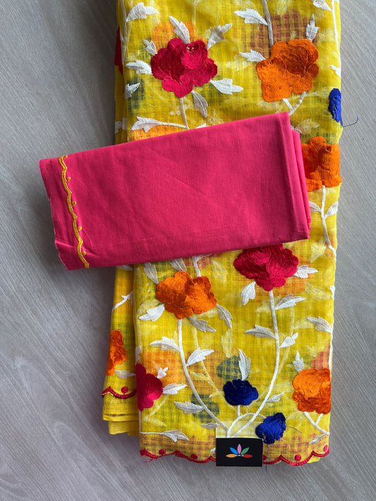 Bright Yellow Scallop Border Parsi Embroidery Resham Kota Saree - 21241