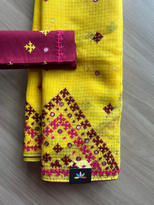 Gujarati Stitch Embroidery Resham Kota Saree- 21248