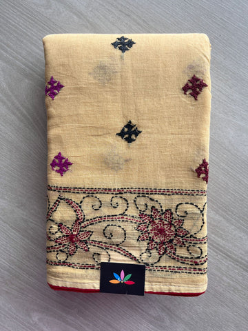 Honey Beige Shade Gujarati Stitch with Kantha Stitch Cotton Saree -22198