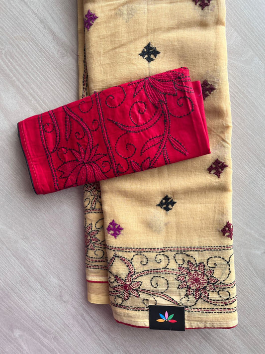 Honey Beige Shade Gujarati Stitch with Kantha Stitch Cotton Saree -22198