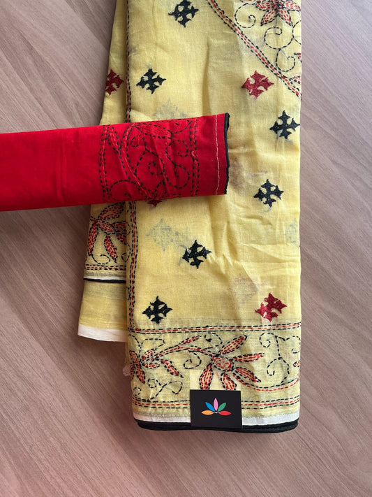 Gujarati Stitch with Kantha Stitch Cotton Saree -22221