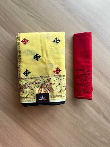 Gujarati Stitch with Kantha Stitch Cotton Saree -22221