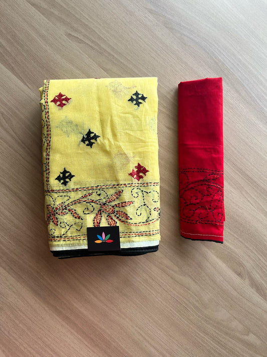 Gujarati Stitch with Kantha Stitch Cotton Saree -22221