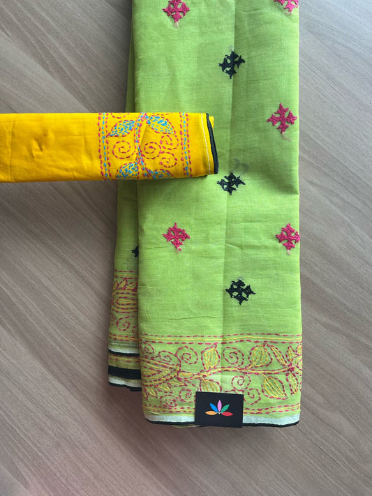 Gujarati Stitch with Kantha Stitch Cotton Saree -22202