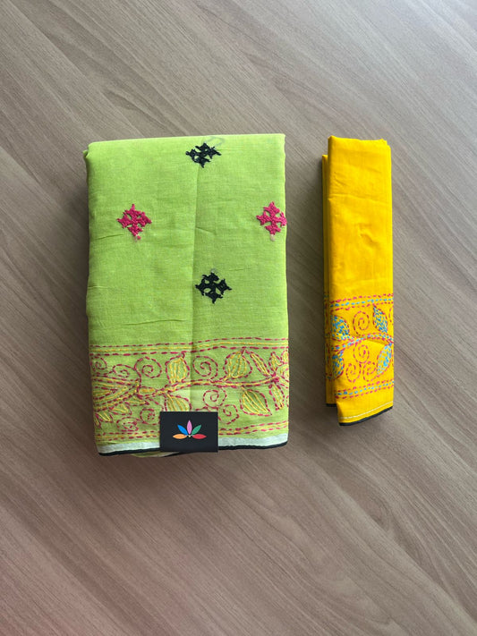 Gujarati Stitch with Kantha Stitch Cotton Saree -22202