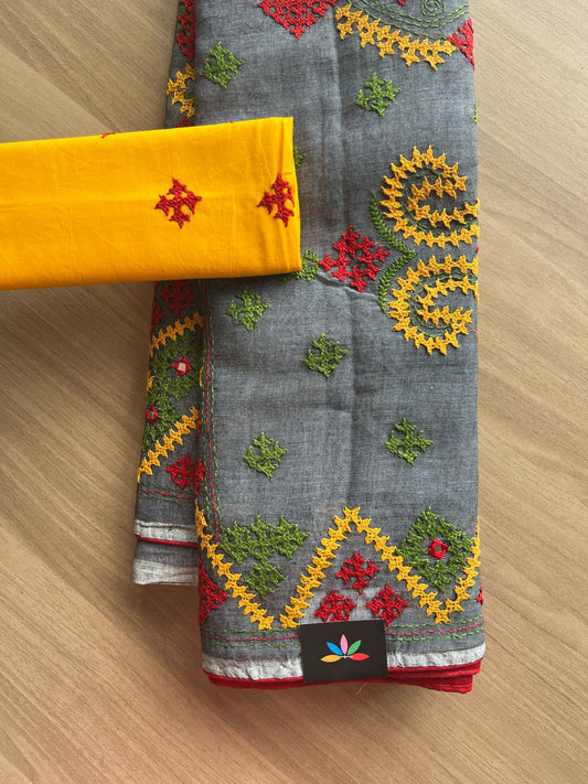 Gujarati Stitch with Kantha Stitch Cotton Saree -22207