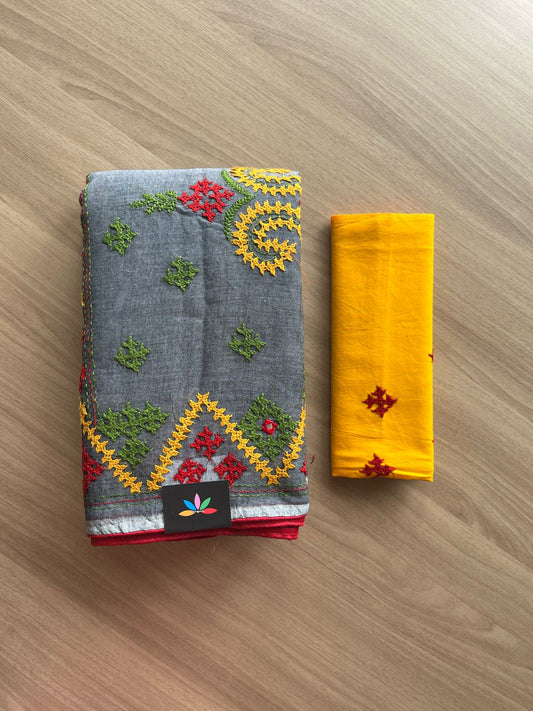 Gujarati Stitch with Kantha Stitch Cotton Saree -22207