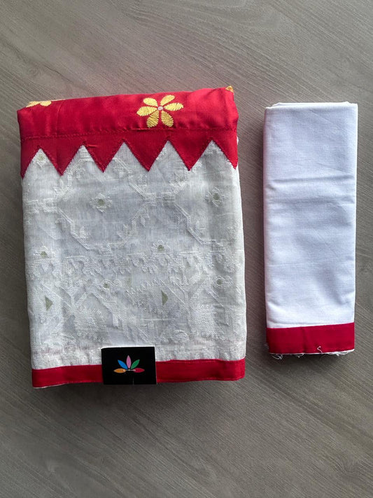 White & Scarlet Red Semi Bangalore silk Kantha Stitch Jacquard Border Saree -22217