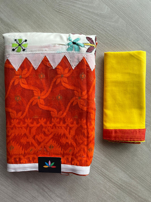 White & Deep Orange Semi Bangalore silk Kantha Stitch Jacquard Border Saree -22219