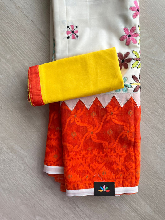 White & Deep Orange Semi Bangalore silk Kantha Stitch Jacquard Border Saree -22219