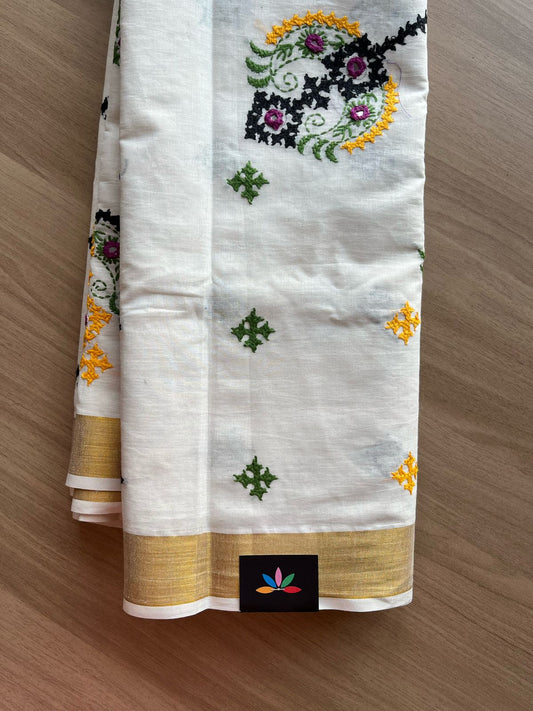 Gujarati Stitch with Kantha Stitch Kerala Cotton Saree  -22220