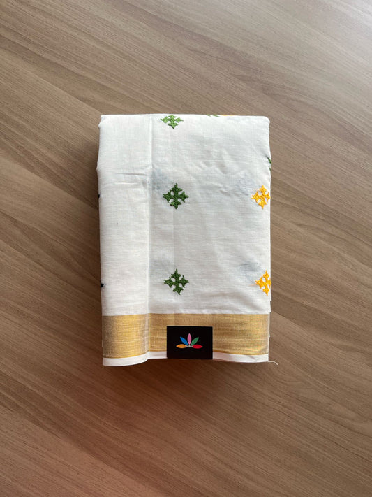 Gujarati Stitch with Kantha Stitch Kerala Cotton Saree  -22220