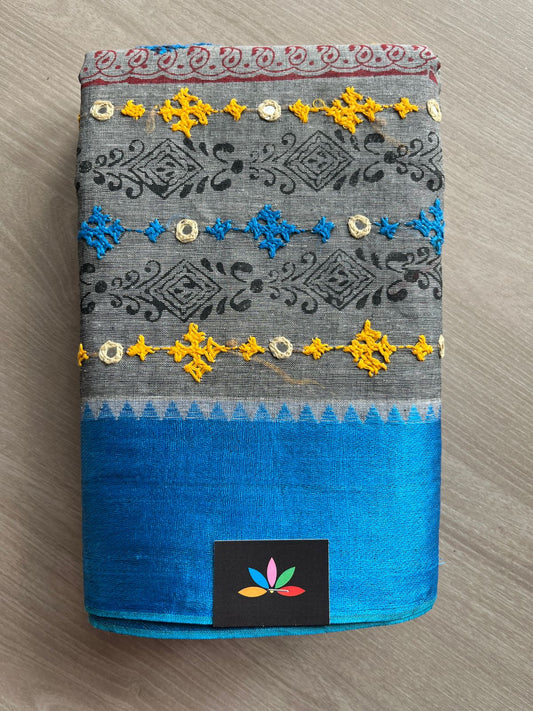 Gujarati Stitch Handcrafted Cotton Saree-27351