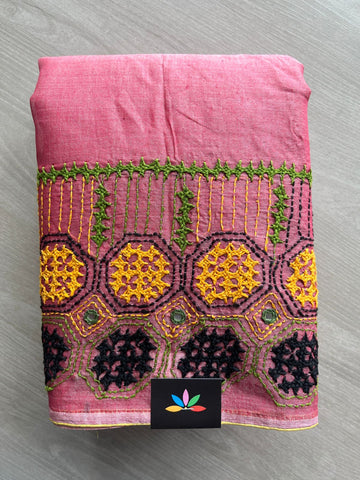 Dusty Pink Handcrafted Kantha Gujarati Stitch Cotton Saree - 32264
