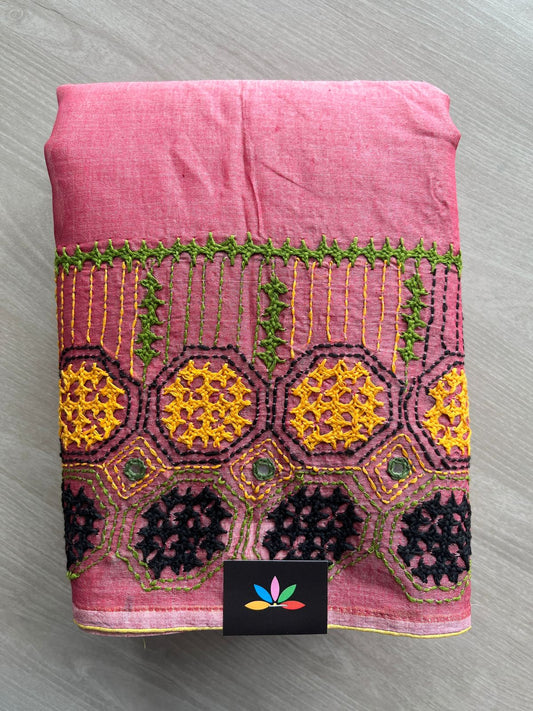 Dusty Pink Handcrafted Kantha Gujarati Stitch Cotton Saree - 32264