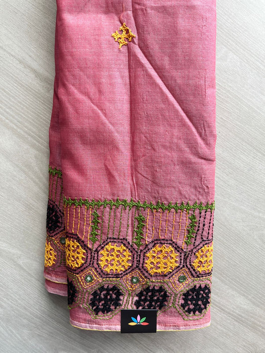 Dusty Pink Handcrafted Kantha Gujarati Stitch Cotton Saree - 32264