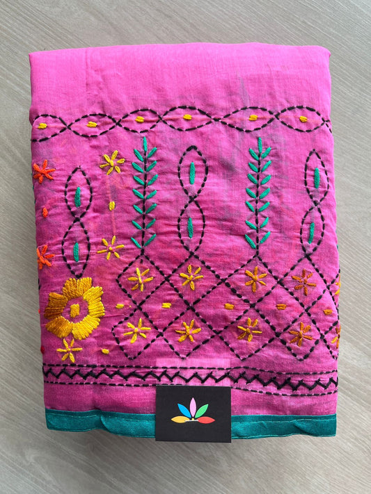 Magenta Pink Handcrafted Phulkari Embroidery Chanderi Cotton Silk Saree - 32267