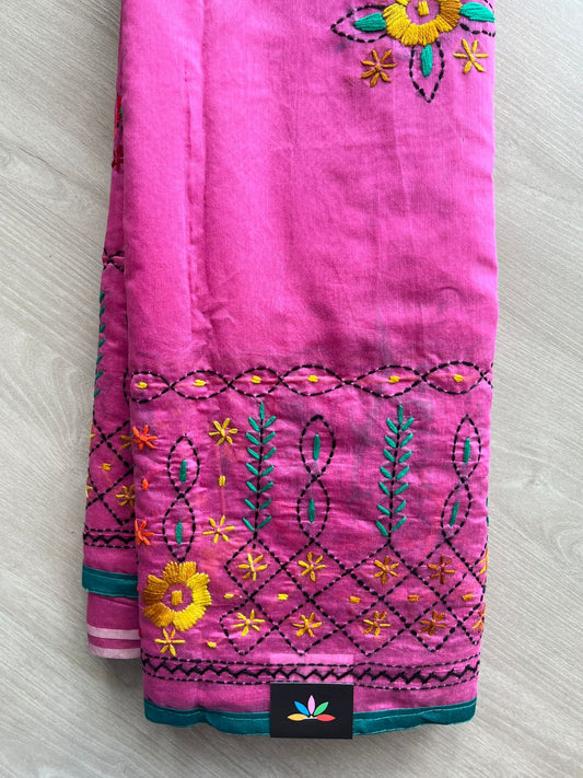 Magenta Pink Handcrafted Phulkari Embroidery Chanderi Cotton Silk Saree - 32267