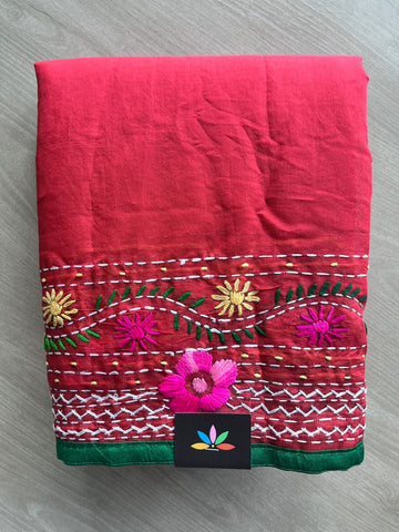 Imperial Red Handcrafted Phulkari Embroidery Chanderi Cotton Silk Saree - 32269
