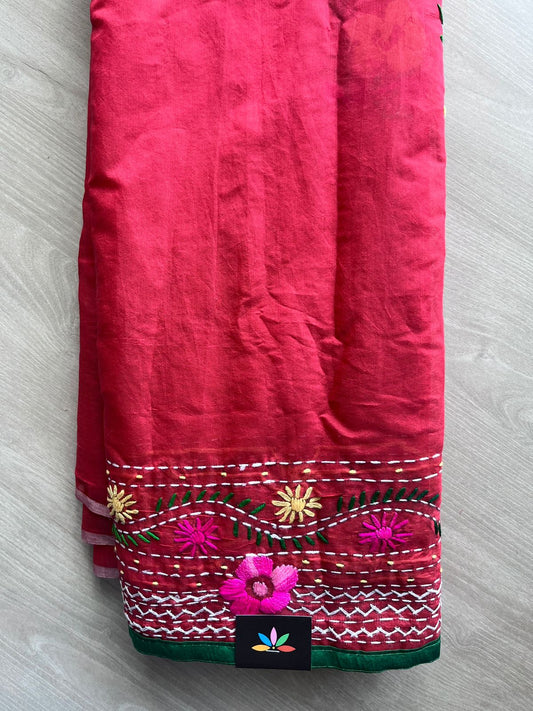 Imperial Red Handcrafted Phulkari Embroidery Chanderi Cotton Silk Saree - 32269