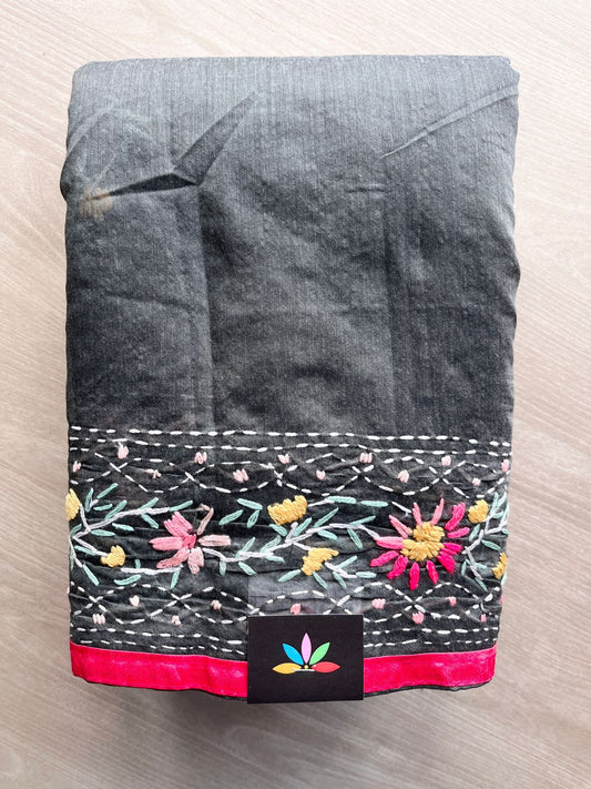 Handcrafted Phulkari Embroidery Chanderi Cotton Silk Saree - 32270