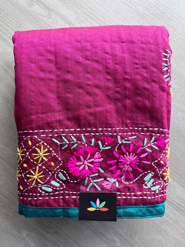 Dark Pink Handcrafted Phulkari Embroidery Chanderi Cotton Silk Saree - 32271