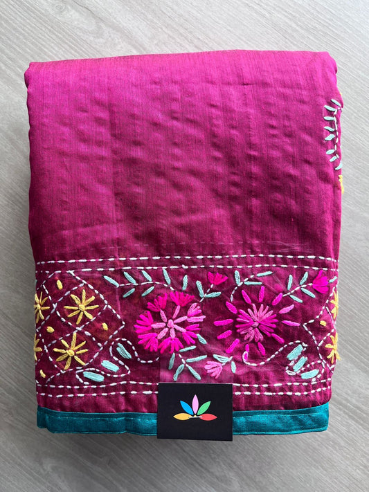 Dark Pink Handcrafted Phulkari Embroidery Chanderi Cotton Silk Saree - 32271