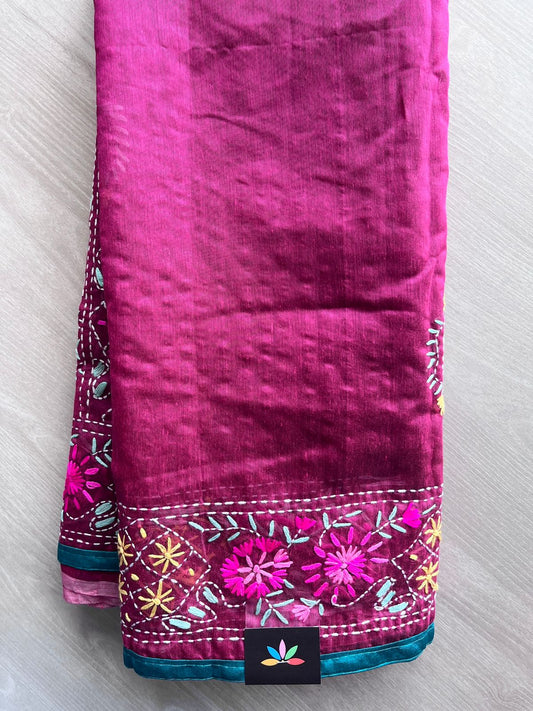Dark Pink Handcrafted Phulkari Embroidery Chanderi Cotton Silk Saree - 32271
