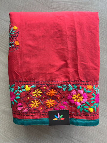 Cherry Red Handcrafted Phulkari Embroidery Chanderi Cotton Silk Saree - 32273
