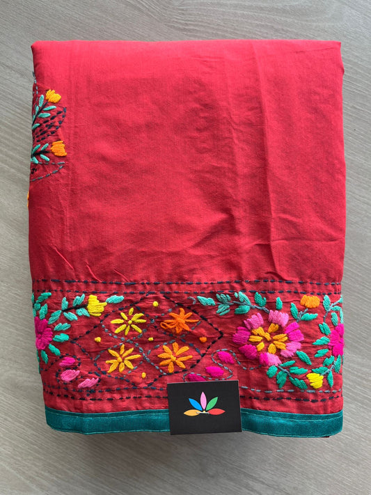 Cherry Red Handcrafted Phulkari Embroidery Chanderi Cotton Silk Saree - 32273